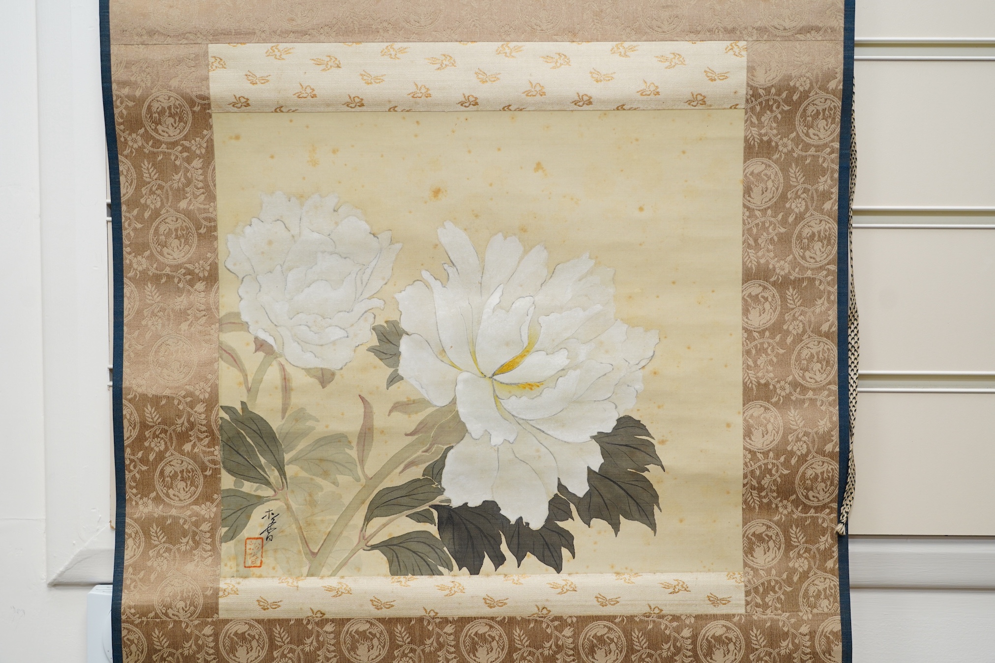 Five Japanese scroll paintings, 19th and 20th century, including two landscapes, birds, a flower study and a calligraphic inscription. Condition - ranging from poor to good